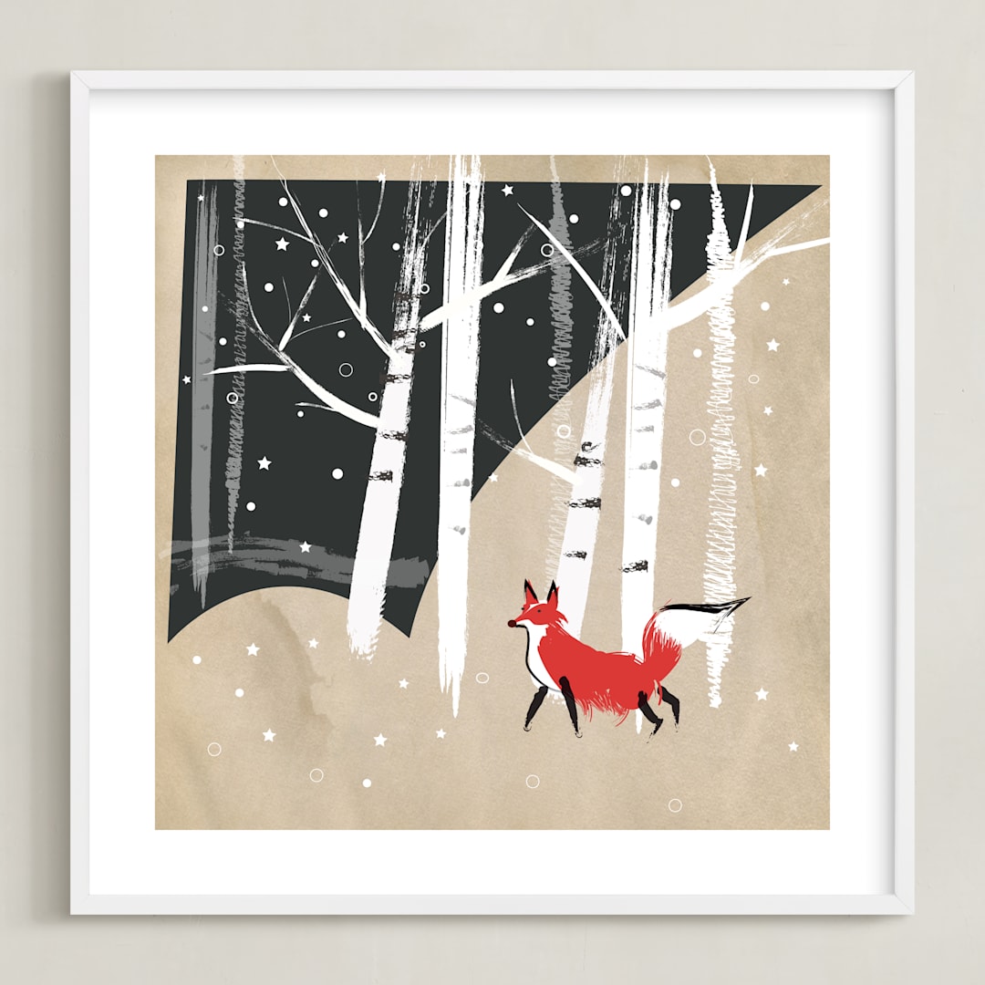 "Foxy Woods" - Art Print in Kraft Paper Brown by Annie Bakst - Framed