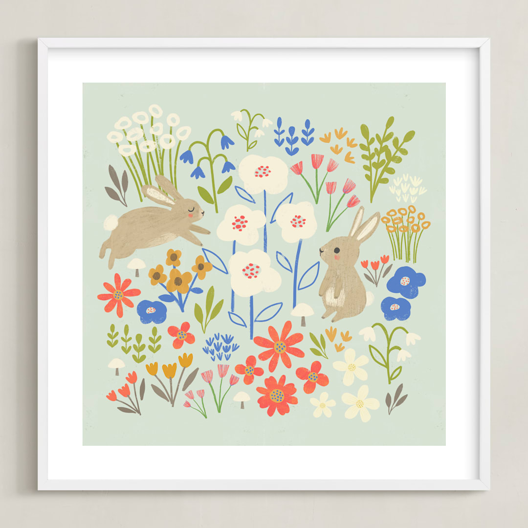 "Bunnies in the Garden" - Art Print in Seafoam Blue by Anne Lehman Stolpe - Framed