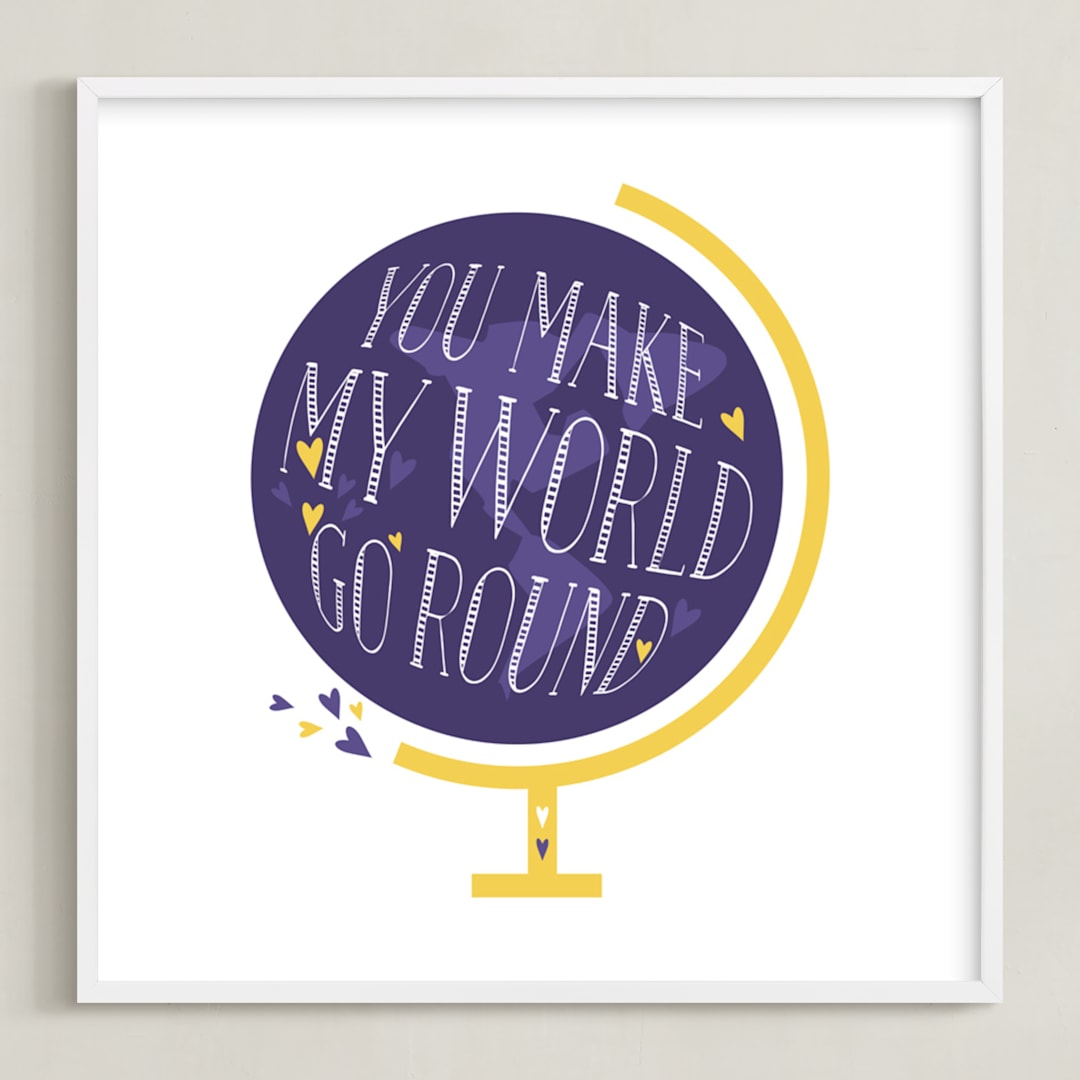 "Lettered World Go Round" - Art Print in Violet Purple by curiouszhi - Framed