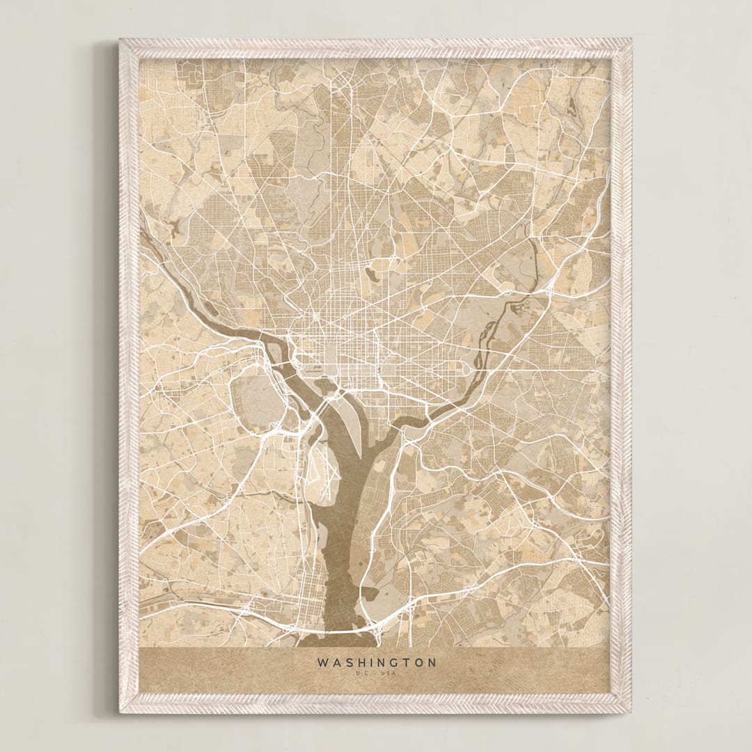 "Washington D.C. vintage-looking city map" - Art Print in Sepia by Rosana Laiz Blursbyai - Framed