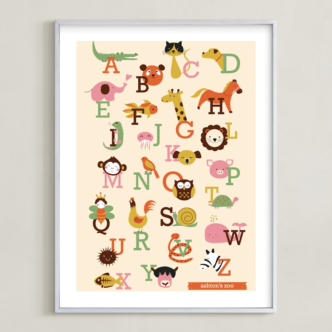 "Animal A to Z" - Personalized Art Print in Vermillion by Anais Lee - Framed