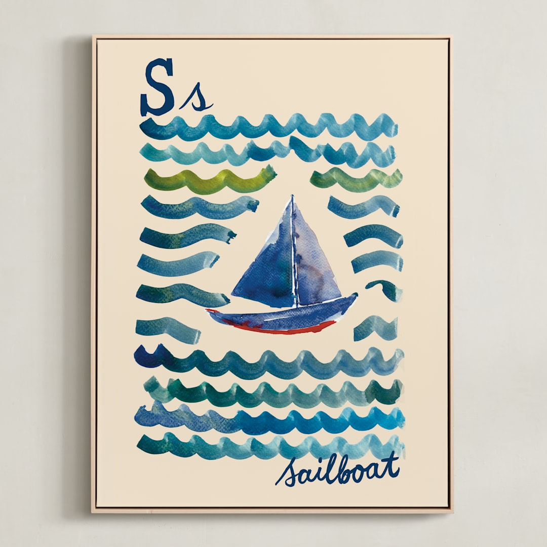 "S for Sailboat" - Art Print in Ocean Blue by Samantha Tang - Framed Canvas
