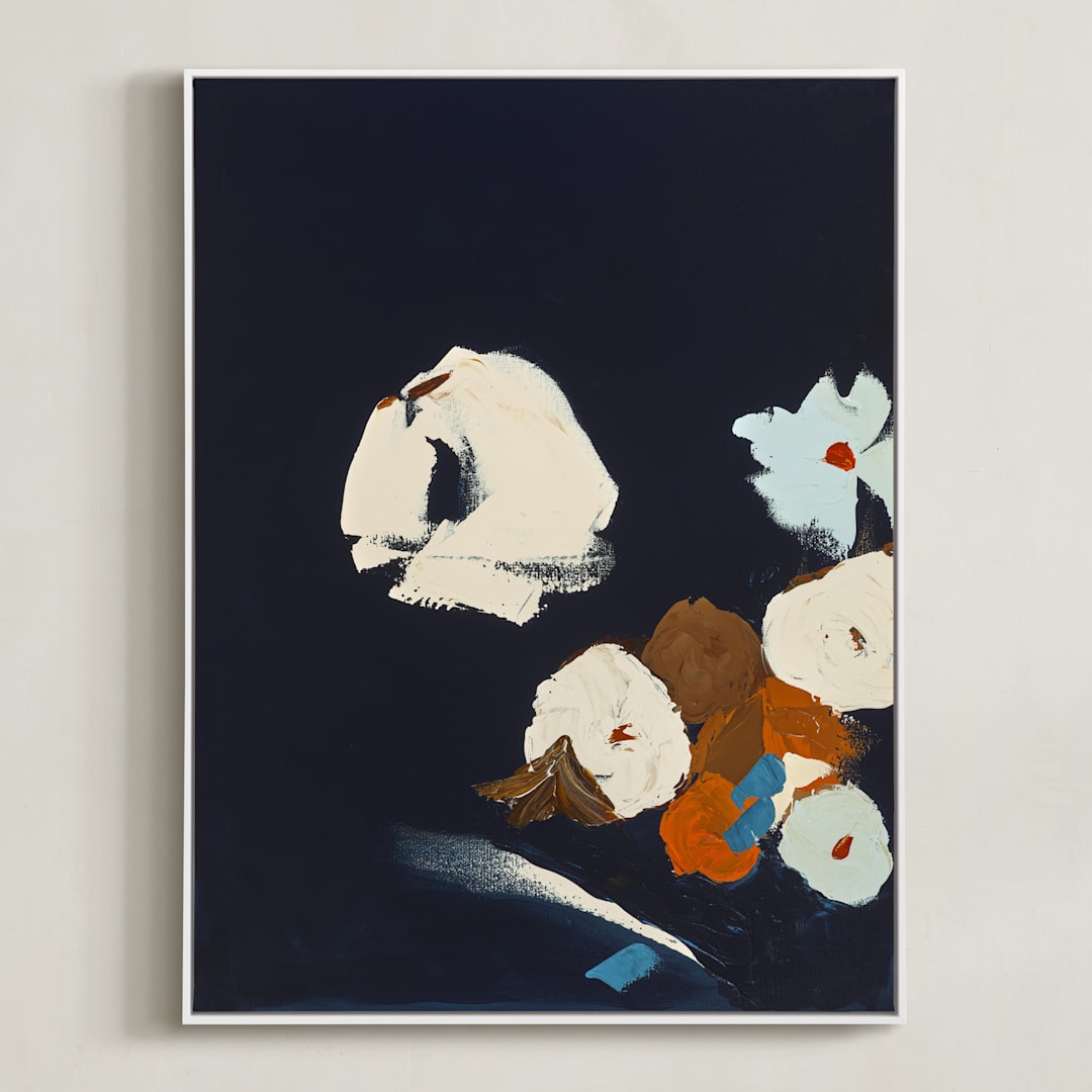 "Abstract Botanical Navy Shadows #2" - Art Print in dark navy blue by Caryn Owen - Framed Canvas