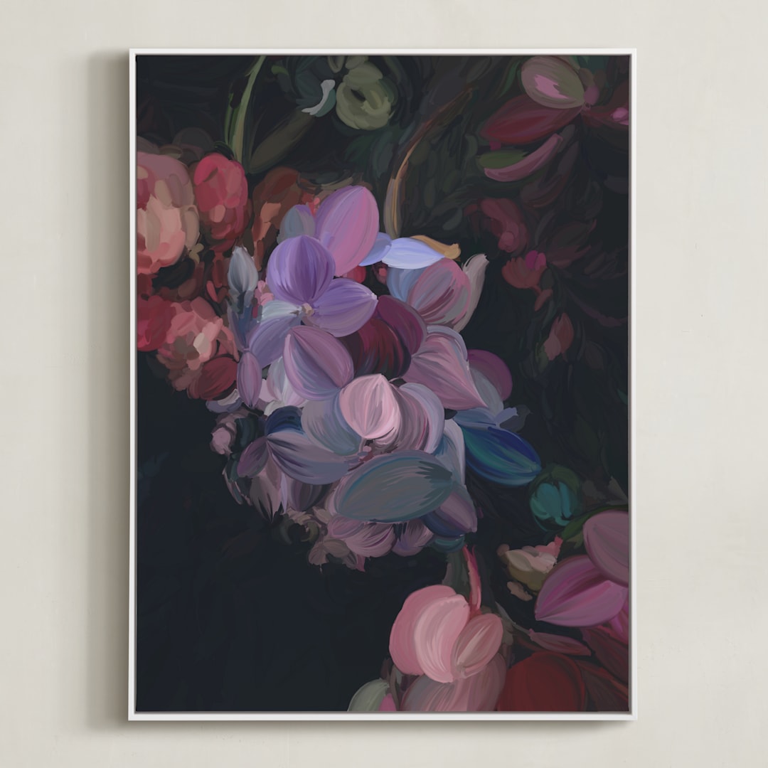 "Midnight Petals" - Art Print in Midnight Plum by Amy Hall - Framed Canvas