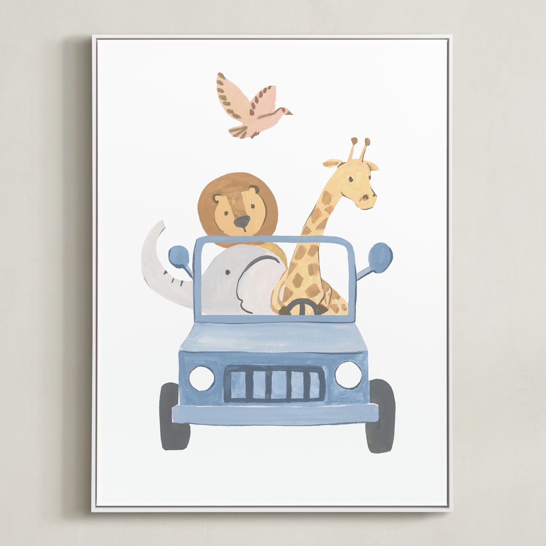 "Safari Friends 4" - Art Print in Blue by Teju Reval - Framed Canvas