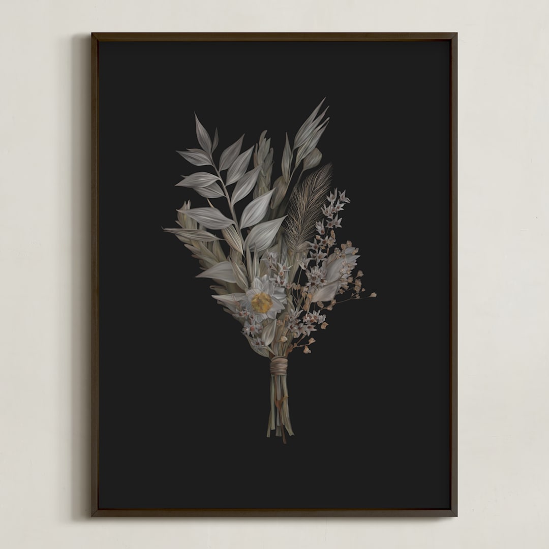 "Painted Flowers I" - Art Print in almost black by Leanne Friedberg - Framed