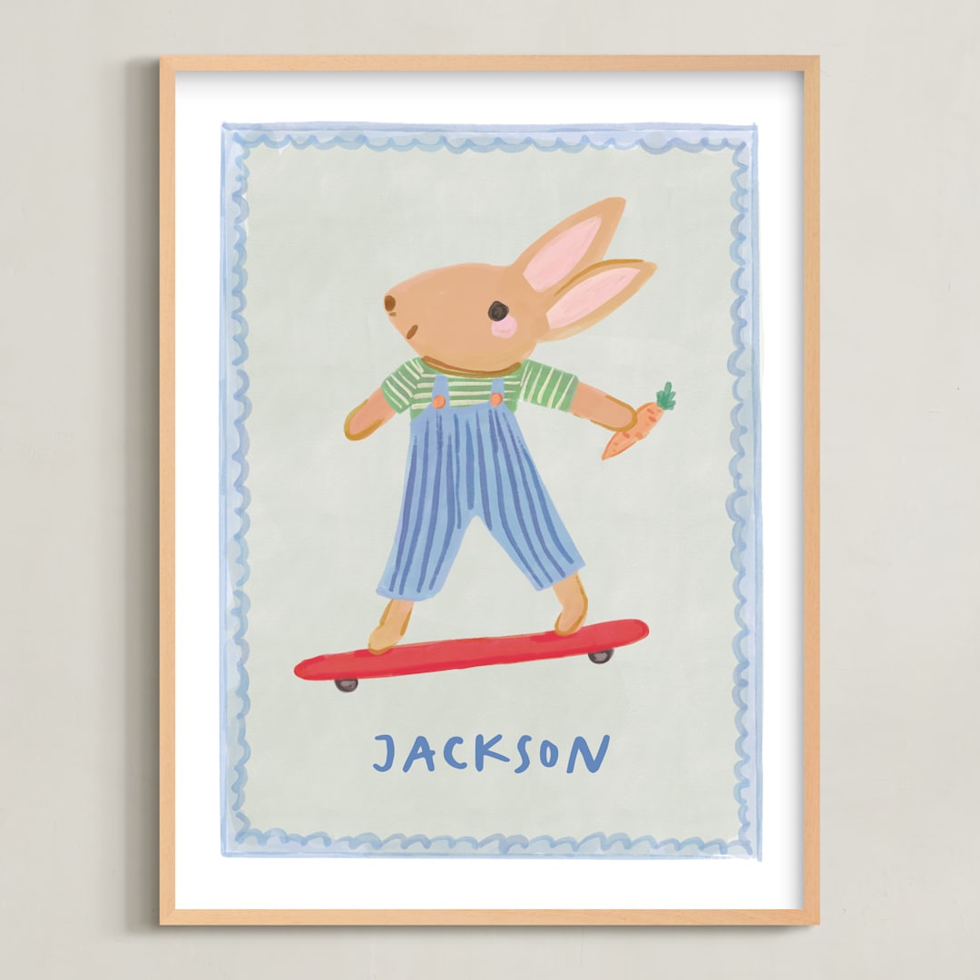 "Bunny on a Roll" - Personalized Art Print in Blue by Creo Study - Framed