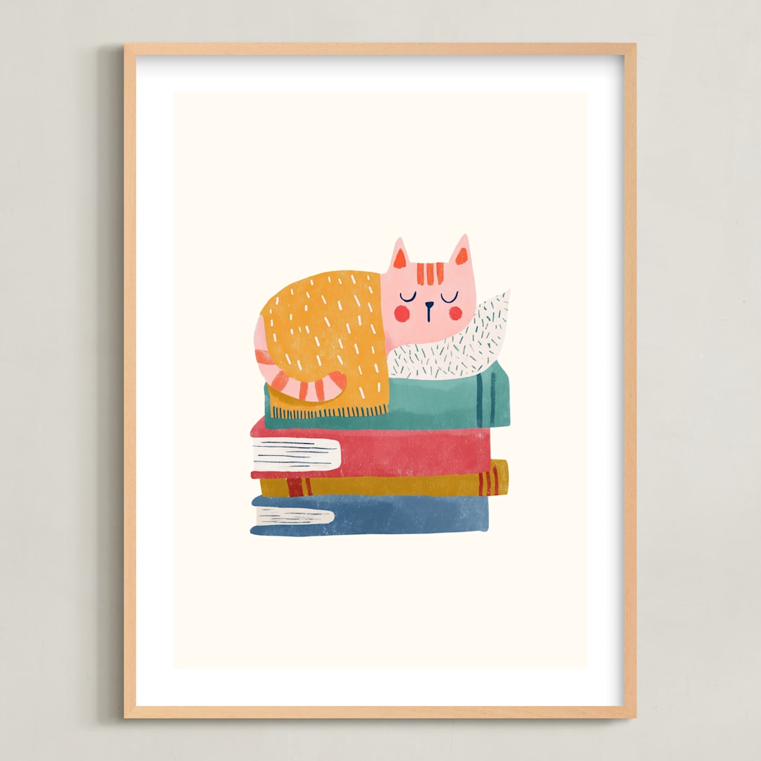 "Booked For A Nap" - Art Print in Cream by Blossom Hound Designs - Framed