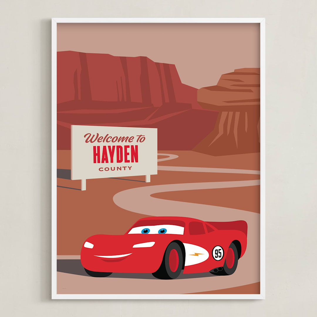 "Lightning McQueen Route 66 from Disney and Pixar's Cars" - Personalized Art Print in Red Rock by Jill Means - Framed