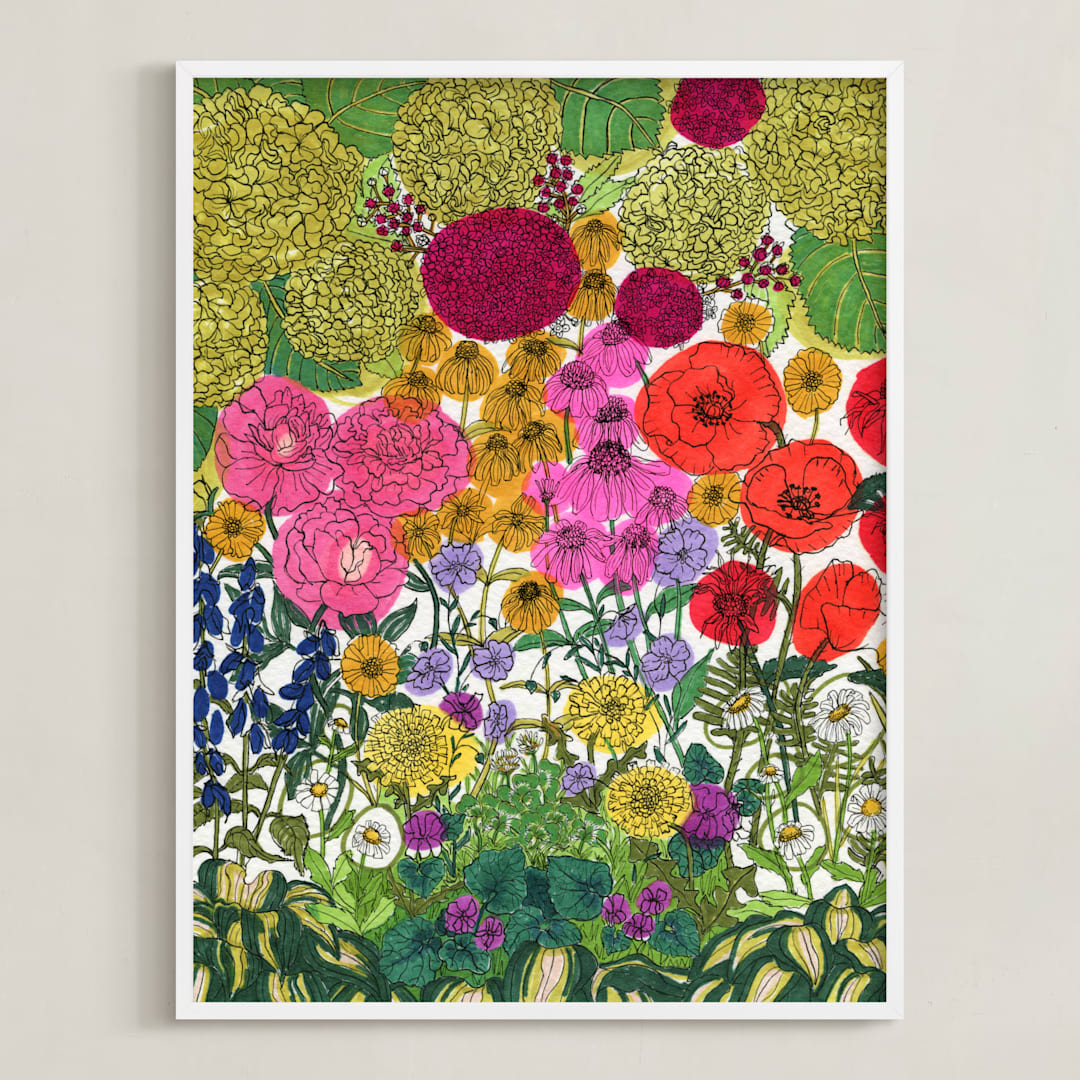 "Flower Hour" - Art Print in Garden Green by Janie Allen - Framed