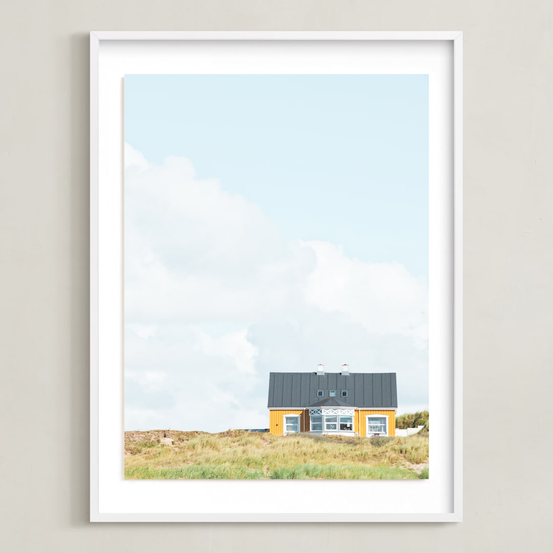 "Yellow House At The Hill" - Art Print in Pastel Blue by Alexandra Feo - Framed
