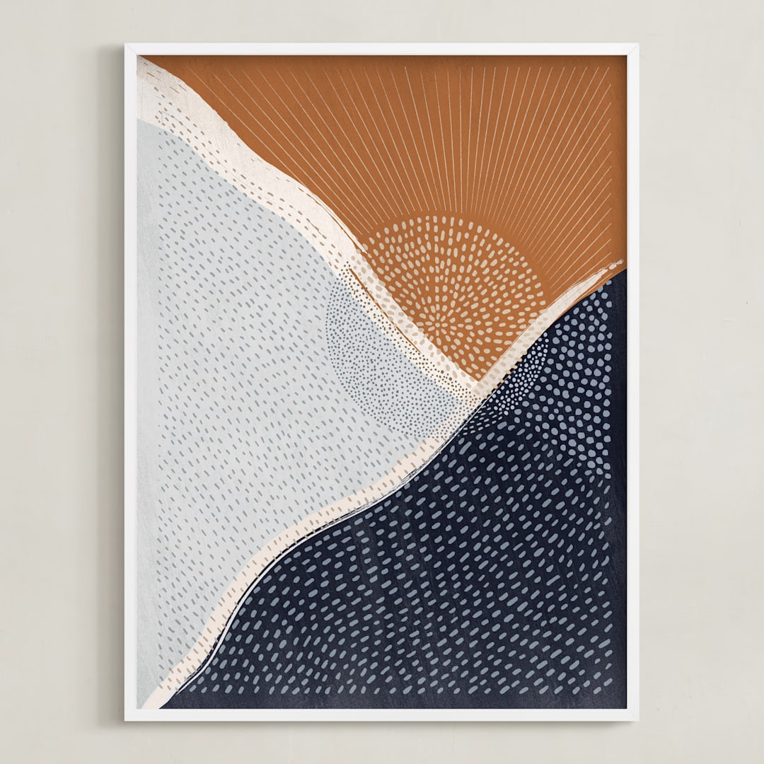 "Sunset over the mountains" - Art Print in Prussian blue, Unilux Powder Blue, Copper by Sabrin Deirani - Framed