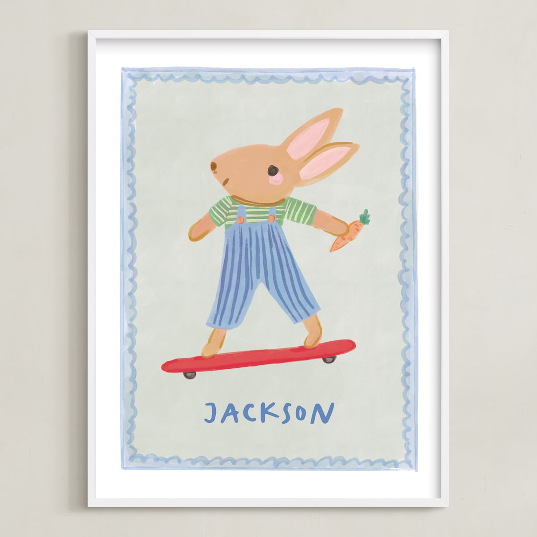 "Bunny on a Roll" - Personalized Art Print in Blue by Creo Study - Framed