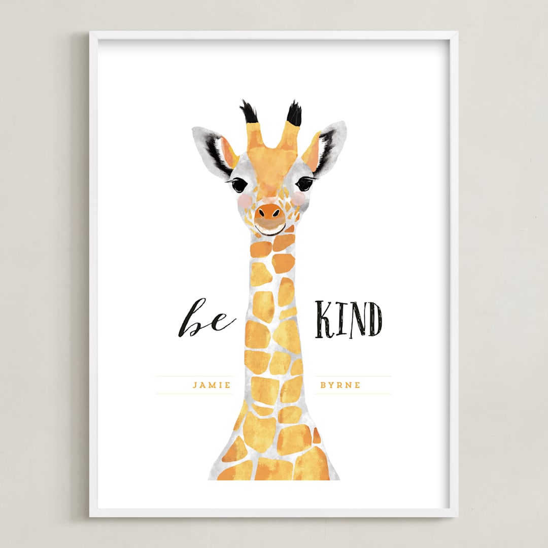 "baby animal.giraffe" - Personalized Art Print in tangerine by Cass Loh - Framed