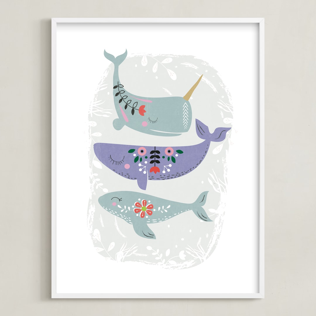 "Folk Whales" - Art Print in Mint by Hannah Williams - Framed