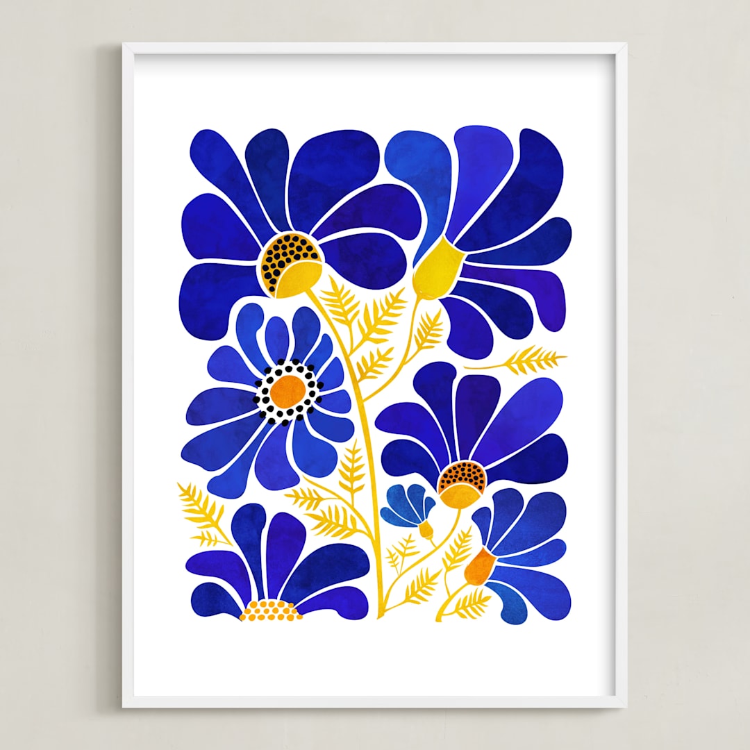 "The Happiest Flowers" - Art Print in Cobalt Blue by Kristian Gallagher - Framed