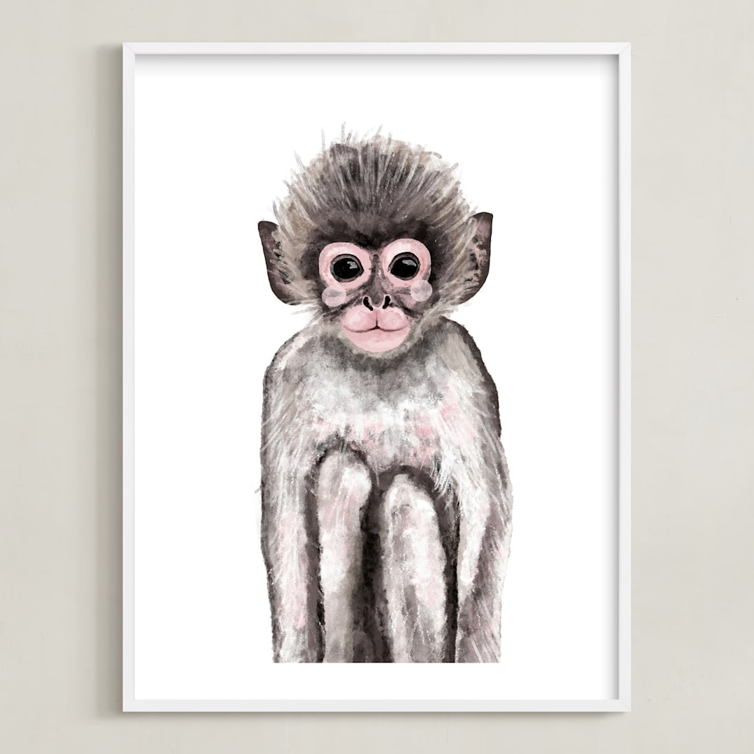 "Baby Animal Monkey" - Art Print in wood smoke by Cass Loh - Framed