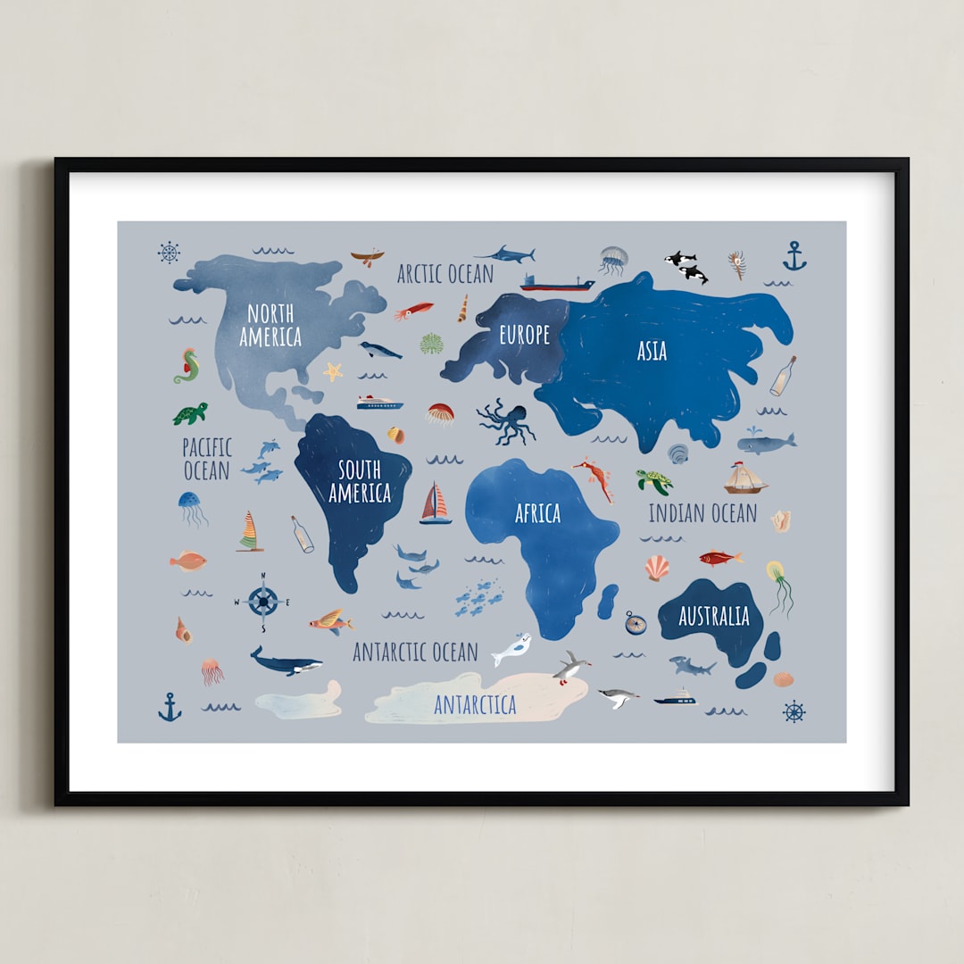 "Nautical Map" - Art Print in Soft Blue by Carrie Cantwell - Framed