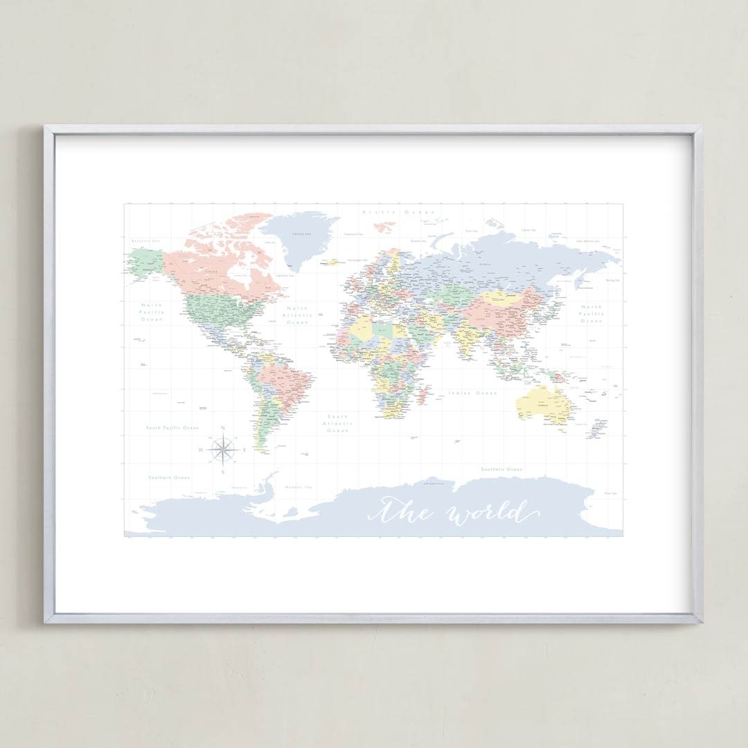 "Pastels nursery world map " - Art Print in Pastel colors by Rosana Laiz Blursbyai - Framed