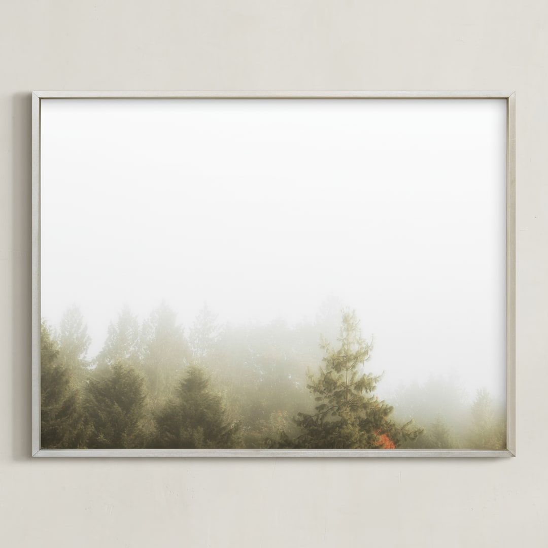 "Foggy Autumn Forest Morning" - Art Print in Foggy Green by Katie Buckman - Framed