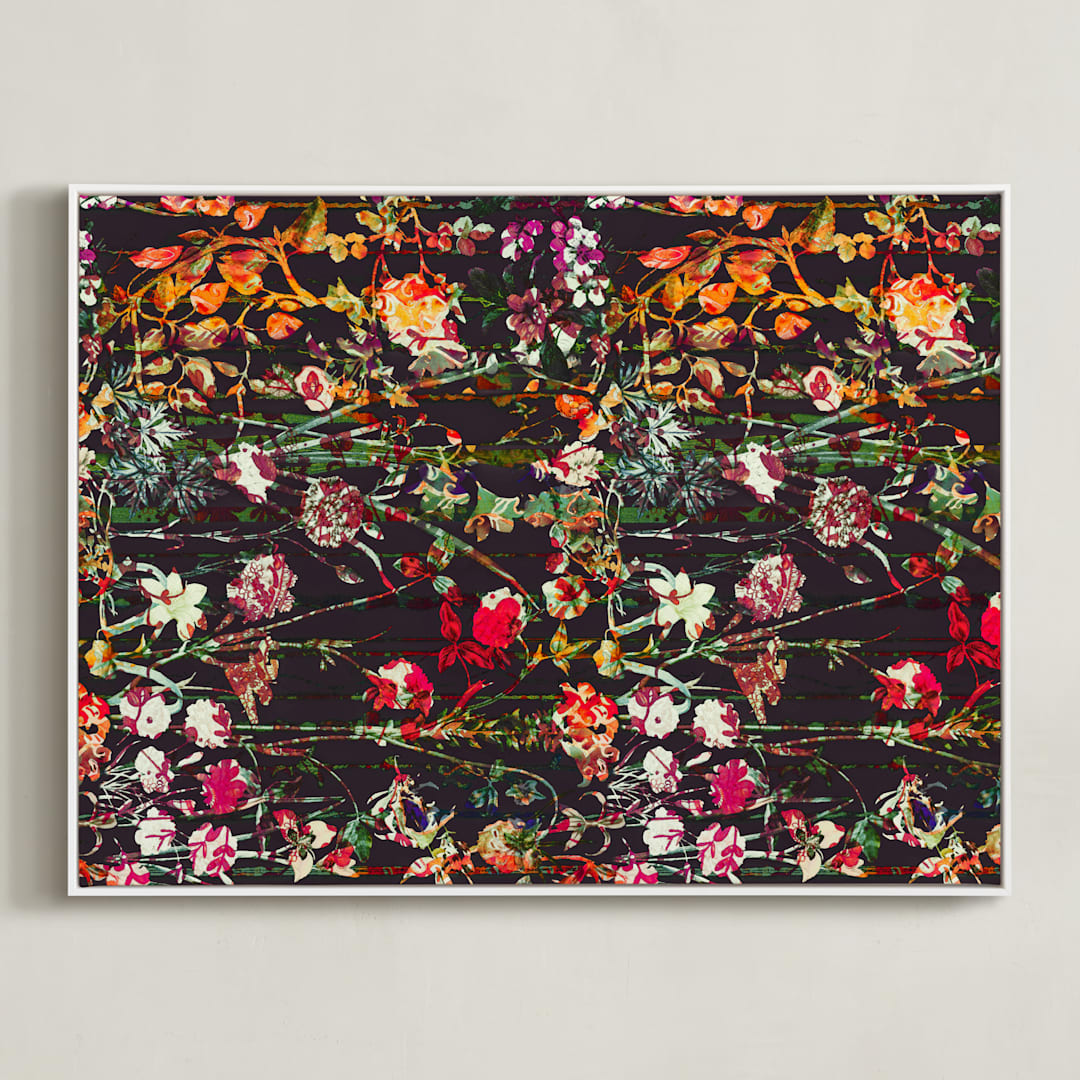 "Painted midnight garden" - Art Print in Crimson by Teo - Framed Canvas