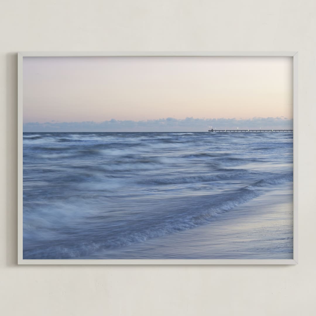 "Soft Waves and Lighted Pier After Sunset" - Art Print in Bluish Gray by Kathy Van Torne - Framed