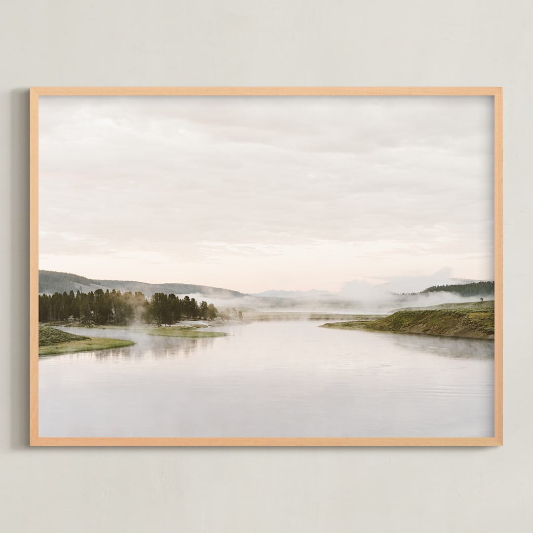"Misty lake" - Art Print in autumn green by Kamala Nahas - Framed