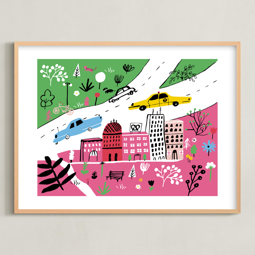 "City State of Mind" - Art Print in Flamingo Pink by Jordan Sondler - Framed