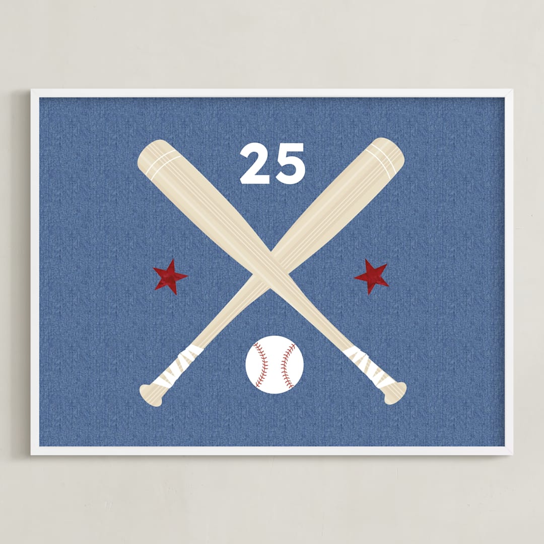 "Little Slugger Series 3" - Personalized Art Print in Denim by Pinky Diamond Studio - Framed