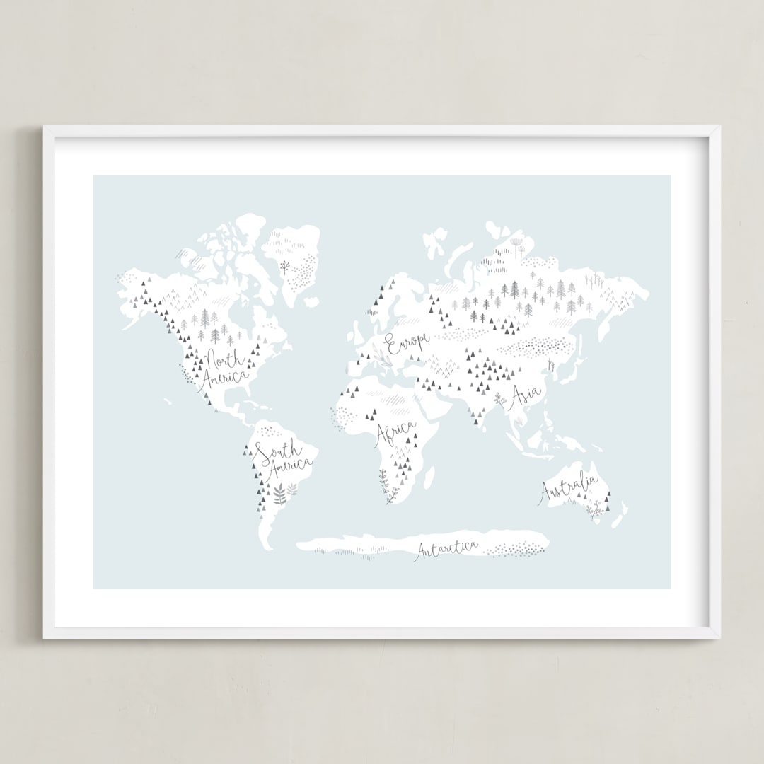"Beautiful World Map" - Art Print in Soft Sky by Jessie Steury - Framed
