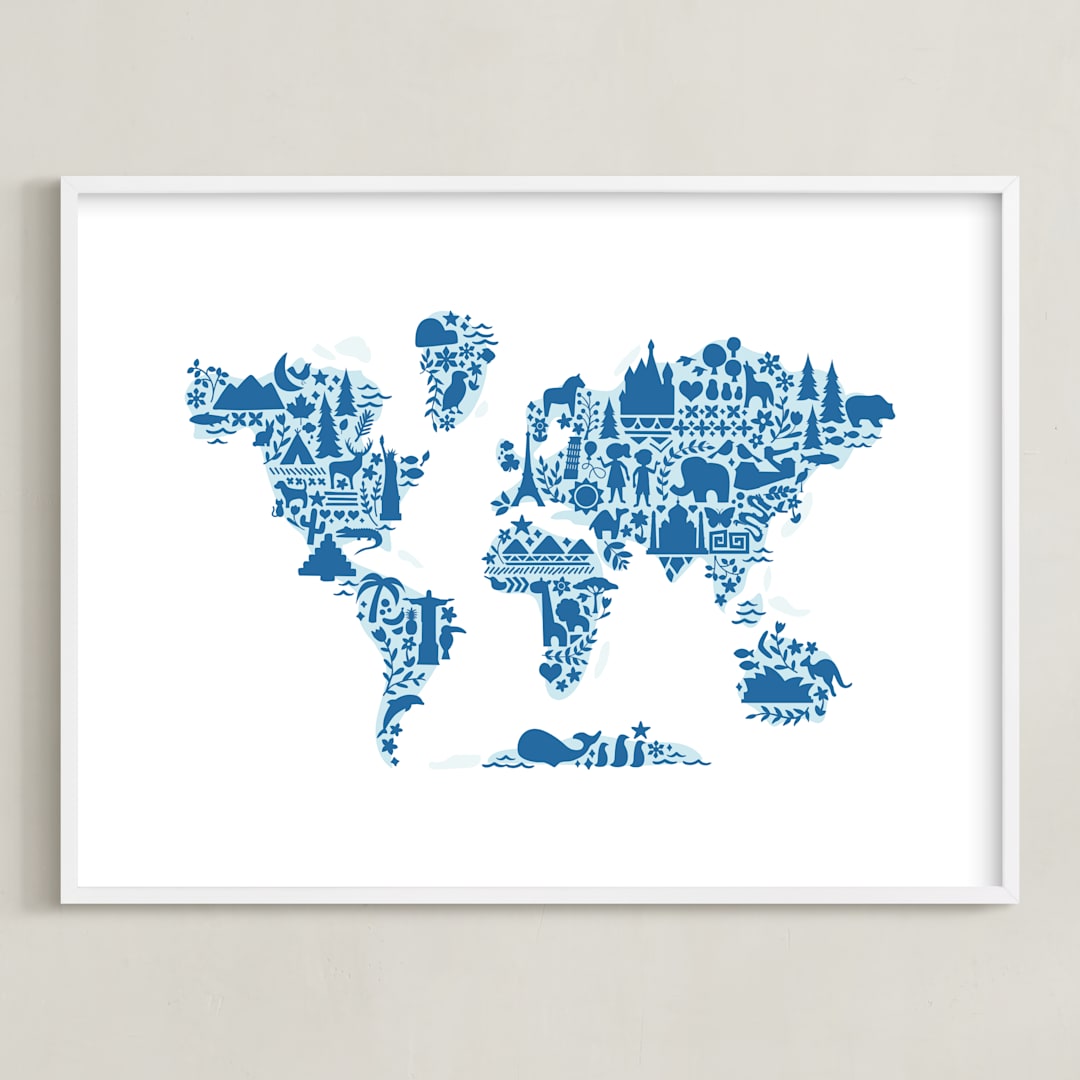 "Little Big World Map" - Art Print in Bluebell by Jessie Steury - Framed