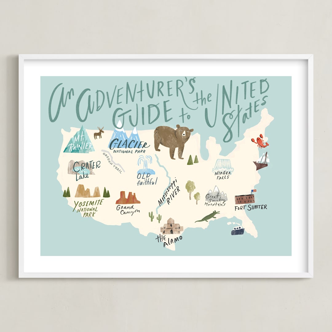 "Adventurer's Guide" - Art Print in Blue by Hannah Williams - Framed