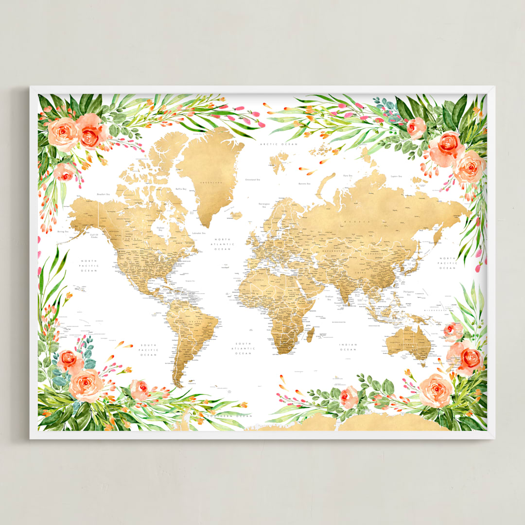 "Blythe floral world map with cities" - Art Print in Colorful florals by Rosana Laiz Blursbyai - Framed