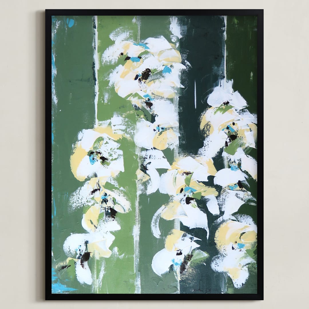 "White Poppies" - Art Print in Emerald Green by Mary Baude - Framed