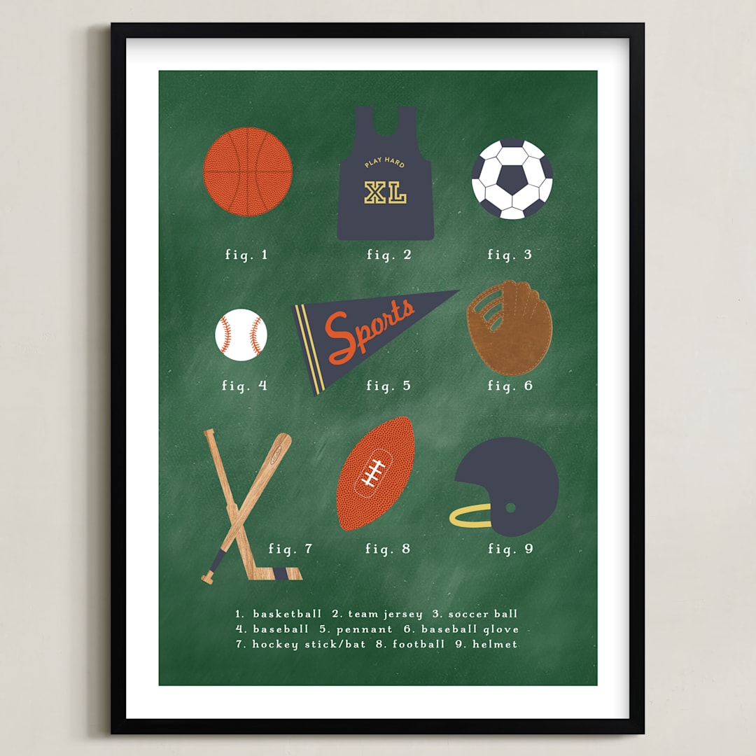 "SPORTS PRIMER" - Art Print in Chalkboard Green by Susan Brown - Framed