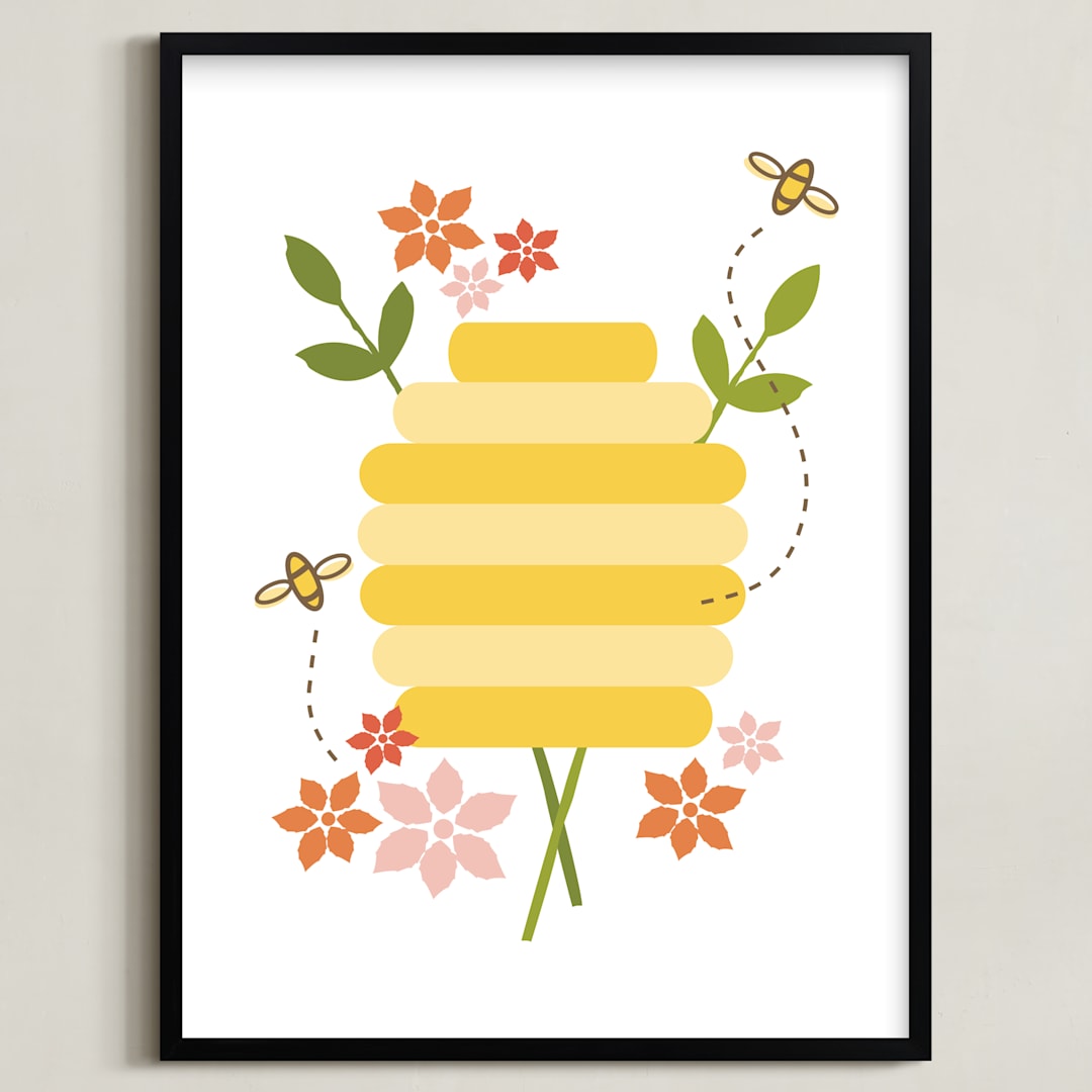 "Buzzing Beehive" - Art Print in Poppy by Katie Wahn - Framed
