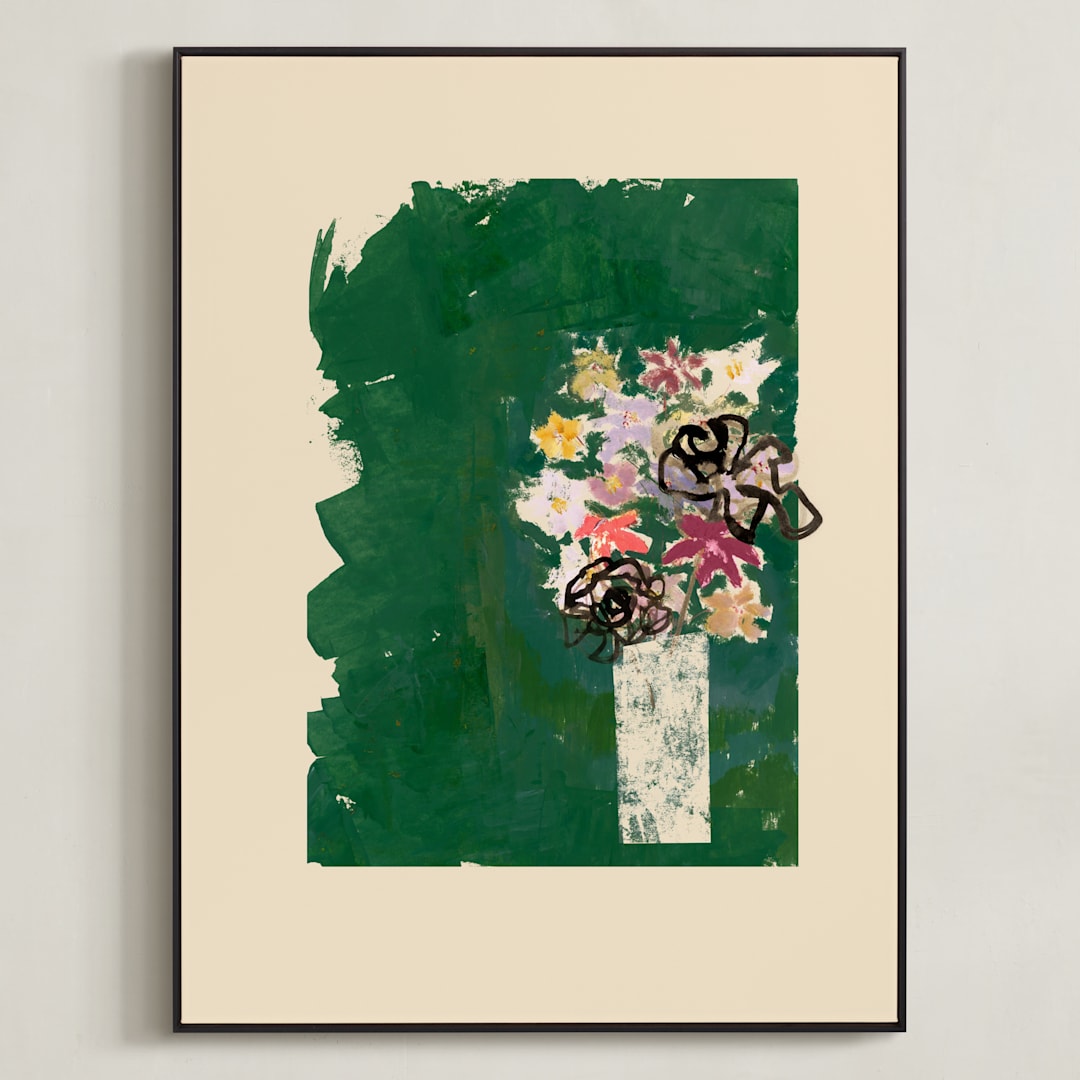 "Bouquet against painted green background" - Art Print in Green Bouquet by Bethania Lima - Framed Canvas