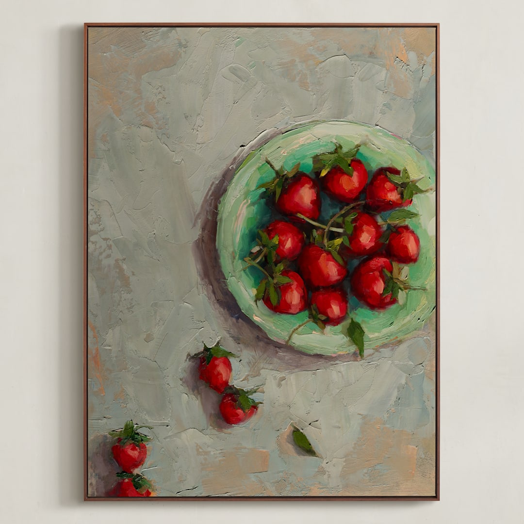 "Strawberries on a Plate" - Art Print in Crimson by Wendy Keller - Framed Canvas