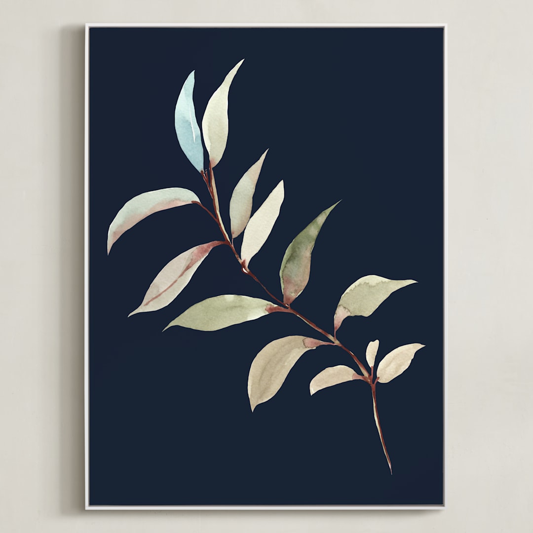 "Botanical Leaves in Blue I" - Art Print in navy blue by Nika Martinez - Framed Canvas