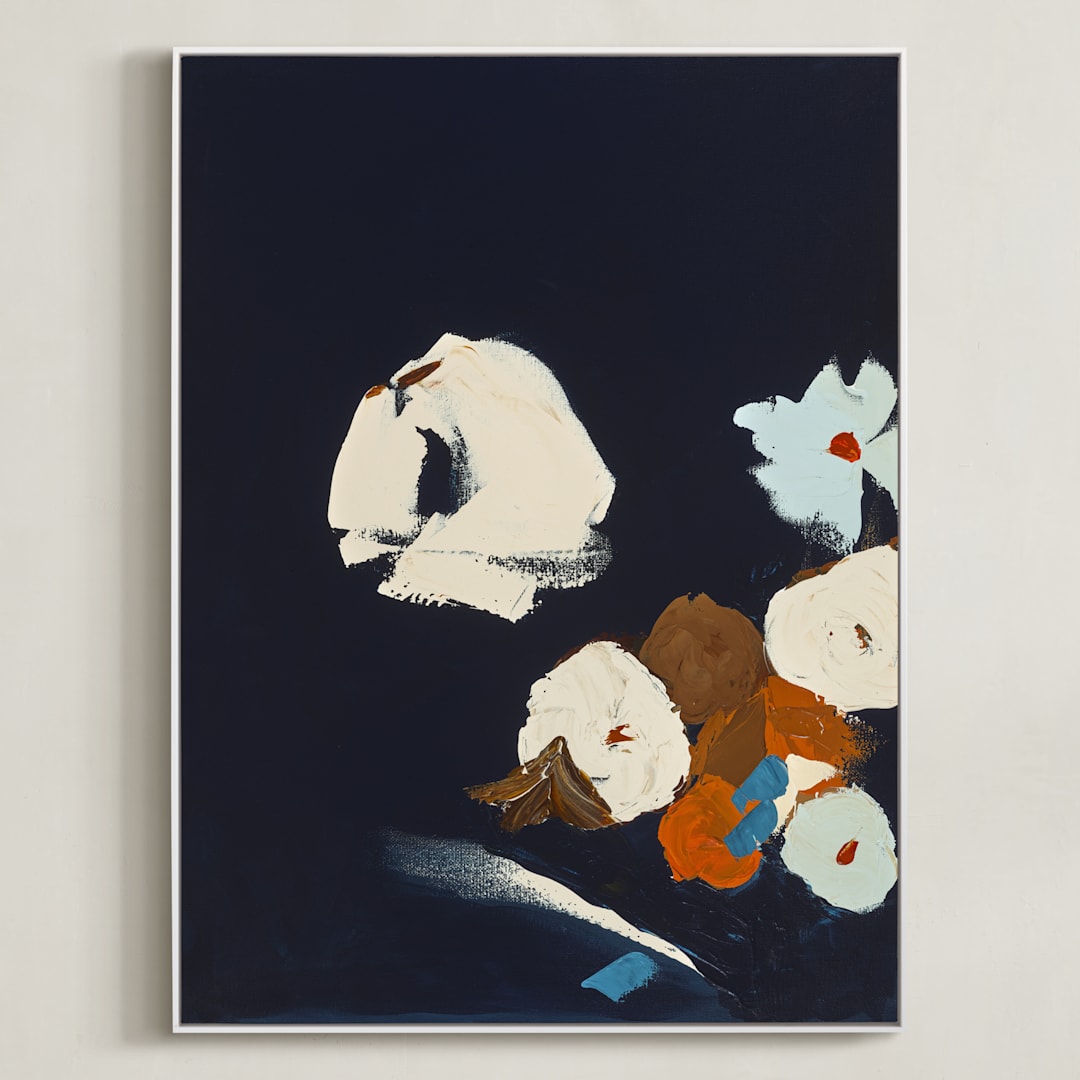 "Abstract Botanical Navy Shadows #2" - Art Print in dark navy blue by Caryn Owen - Framed Canvas