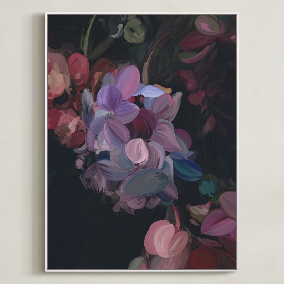 "Midnight Petals" - Art Print in Midnight Plum by Amy Hall - Framed Canvas