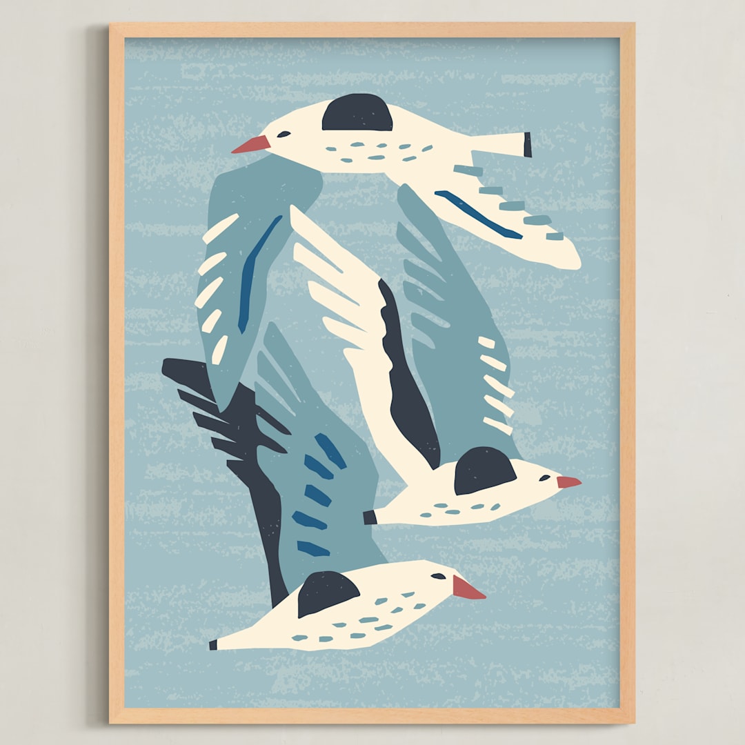 "Seagulls" - Art Print in Neutral Blue Green by Roochita Chachra - Framed