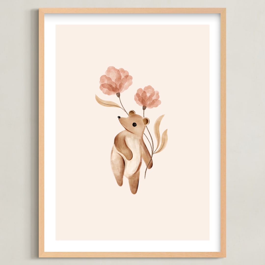 "Bear with Flowers" - Art Print in Tan by Vivian Yiwing - Framed