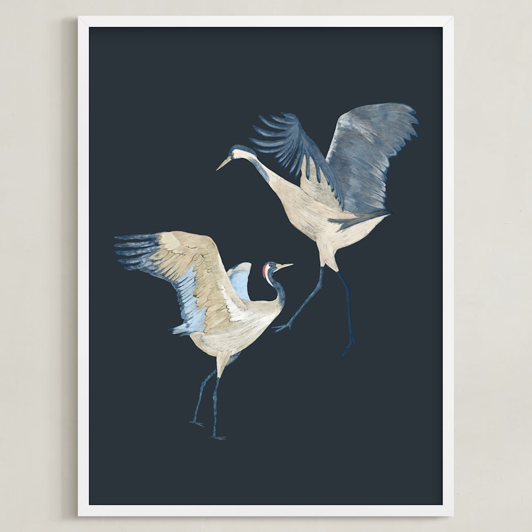 "Crane dance" - Art Print in Moody blue by Nina Leth - Framed
