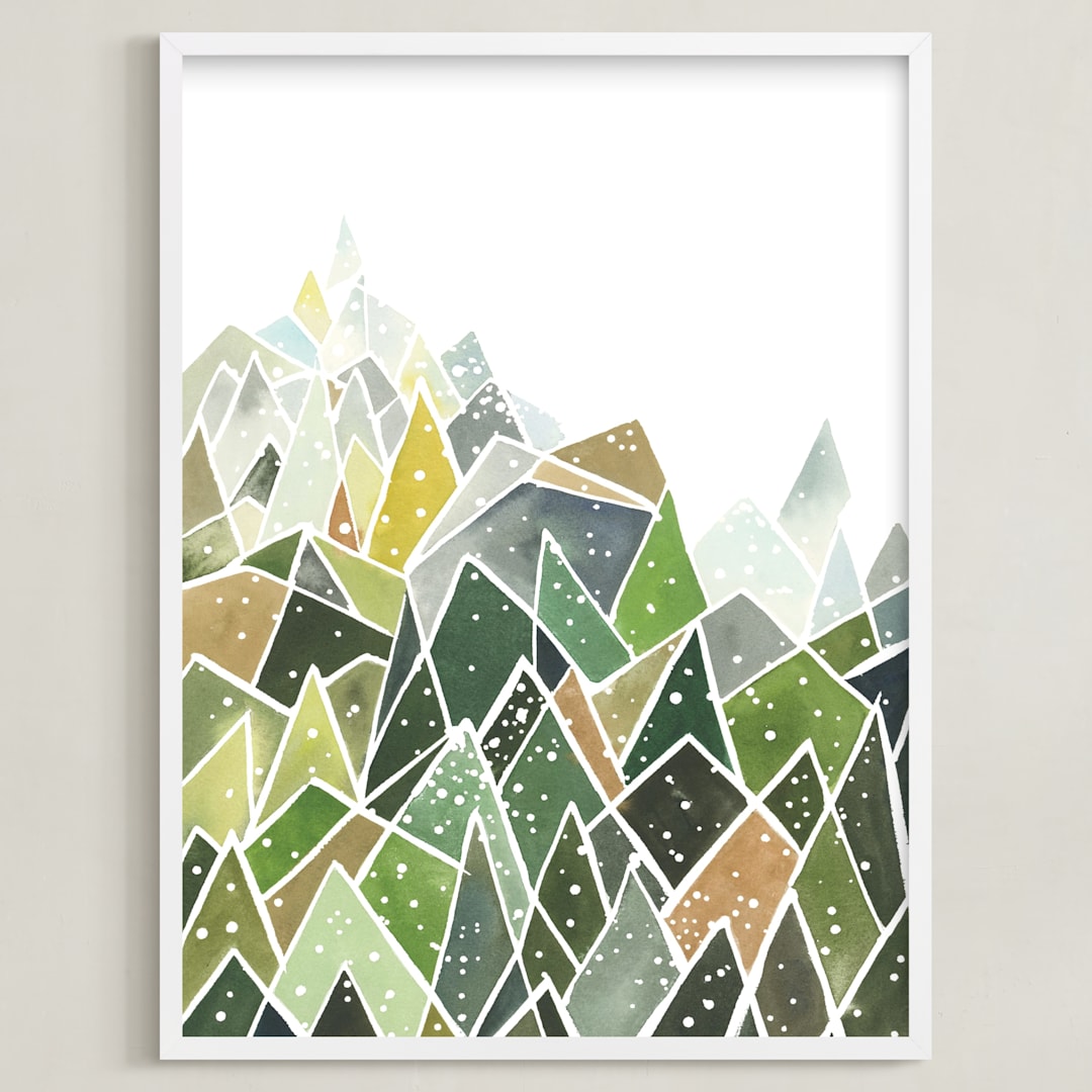 "Landscape of Triangles and Dots" - Art Print in Forest Green by Yao Cheng Design - Framed