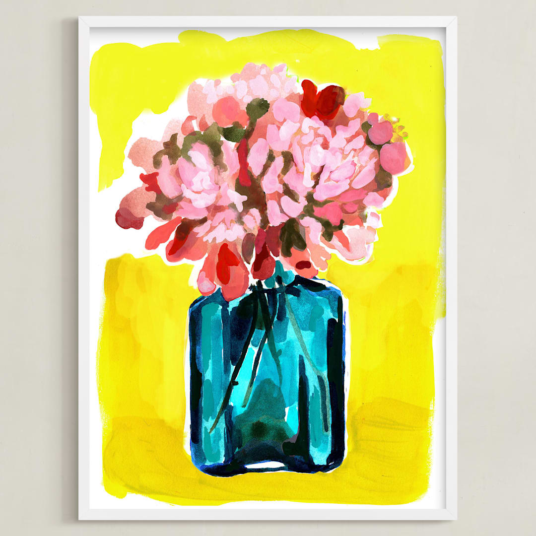 "Peony Bottle" - Art Print in sunshine by Betty Hatchett - Framed