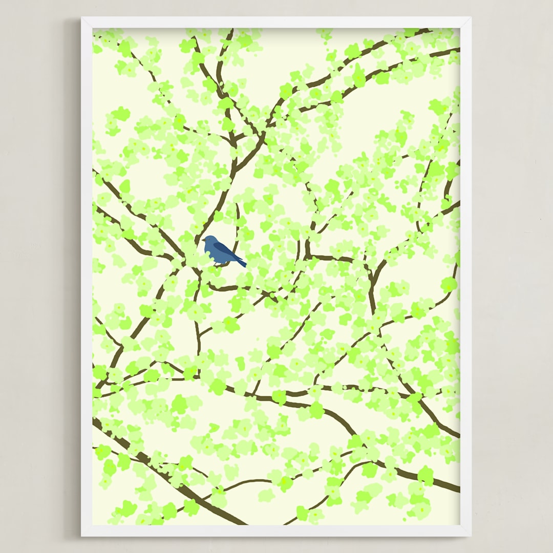 "Plum tree with Birds in Spring" - Art Print in Green Blossoms by Jorey Hurley - Framed