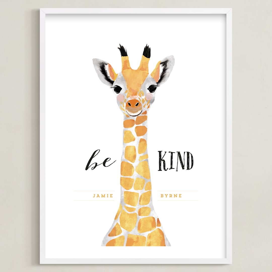 "baby animal.giraffe" - Personalized Art Print in tangerine by Cass Loh - Framed