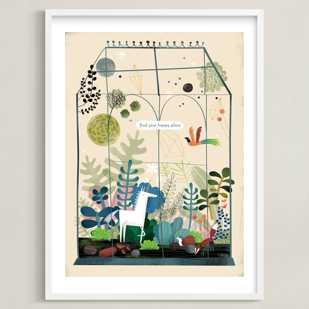 "Find Your Happy Place" - Art Print in Succulent Blue by Chris Lensch - Framed