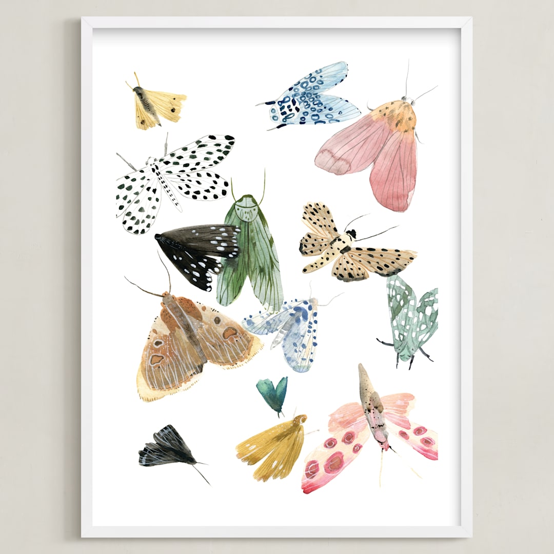 "Moths" - Art Print in Moss Green by Emilie Simpson - Framed
